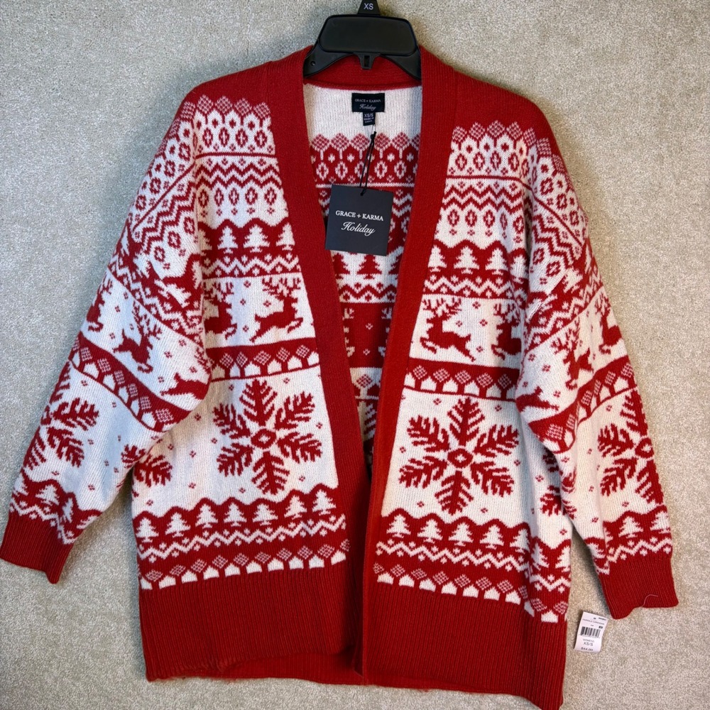 Grace + Karma Fairisle Cardigan Womens XS/S Red White Holiday Reindeer Snowflake